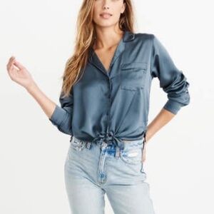Abercrombie & Fitch Navy Blue Long Sleeves Tie-Front Silk Collar Blouse – Size S